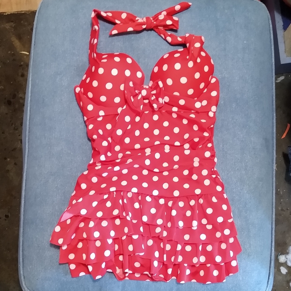 Red White Polka Dot Ruffle Swimsuit